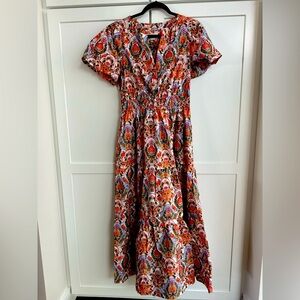 Anthropologie Orange and Brown Puff Sleeve Maxi Dress